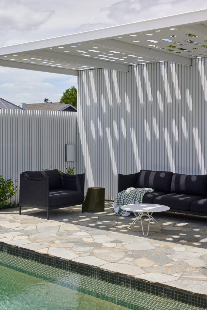 Pergola with Morse code laser-cut pattern, Secret Garden, Western Springs
