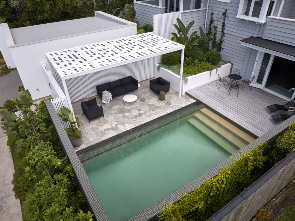 North-facing pool and garden, Western Springs bungalow renovation