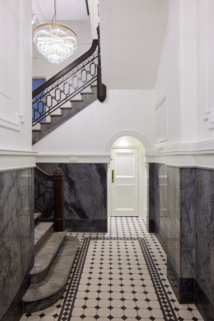 Winckelmans tile floor, restored entry, Administrator House