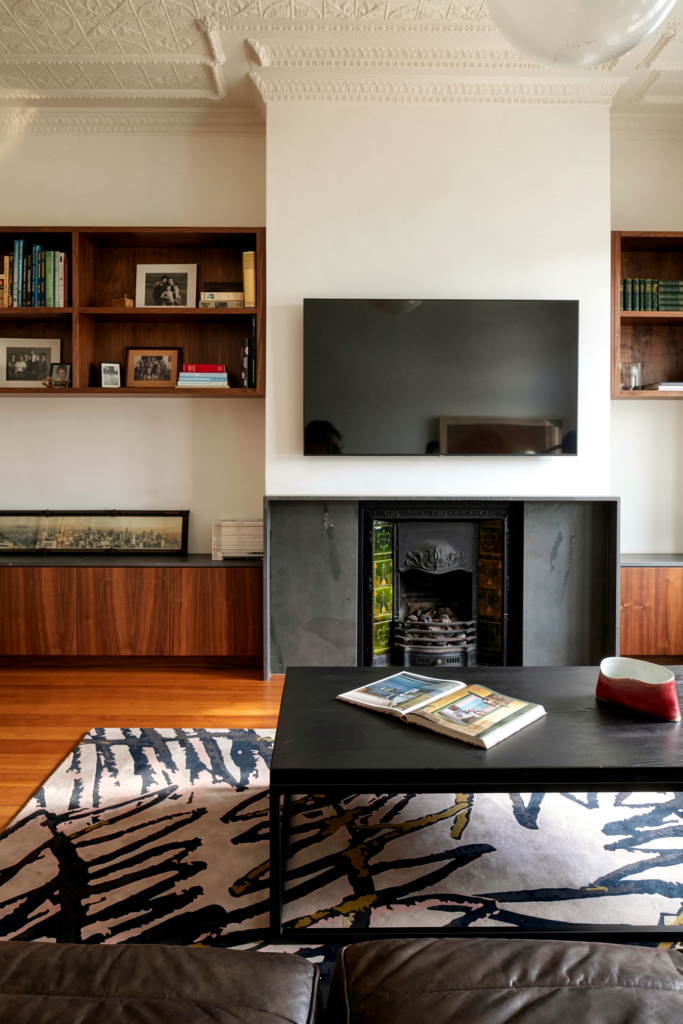 Lounge and media room in extensive villa renovation, Mt Eden