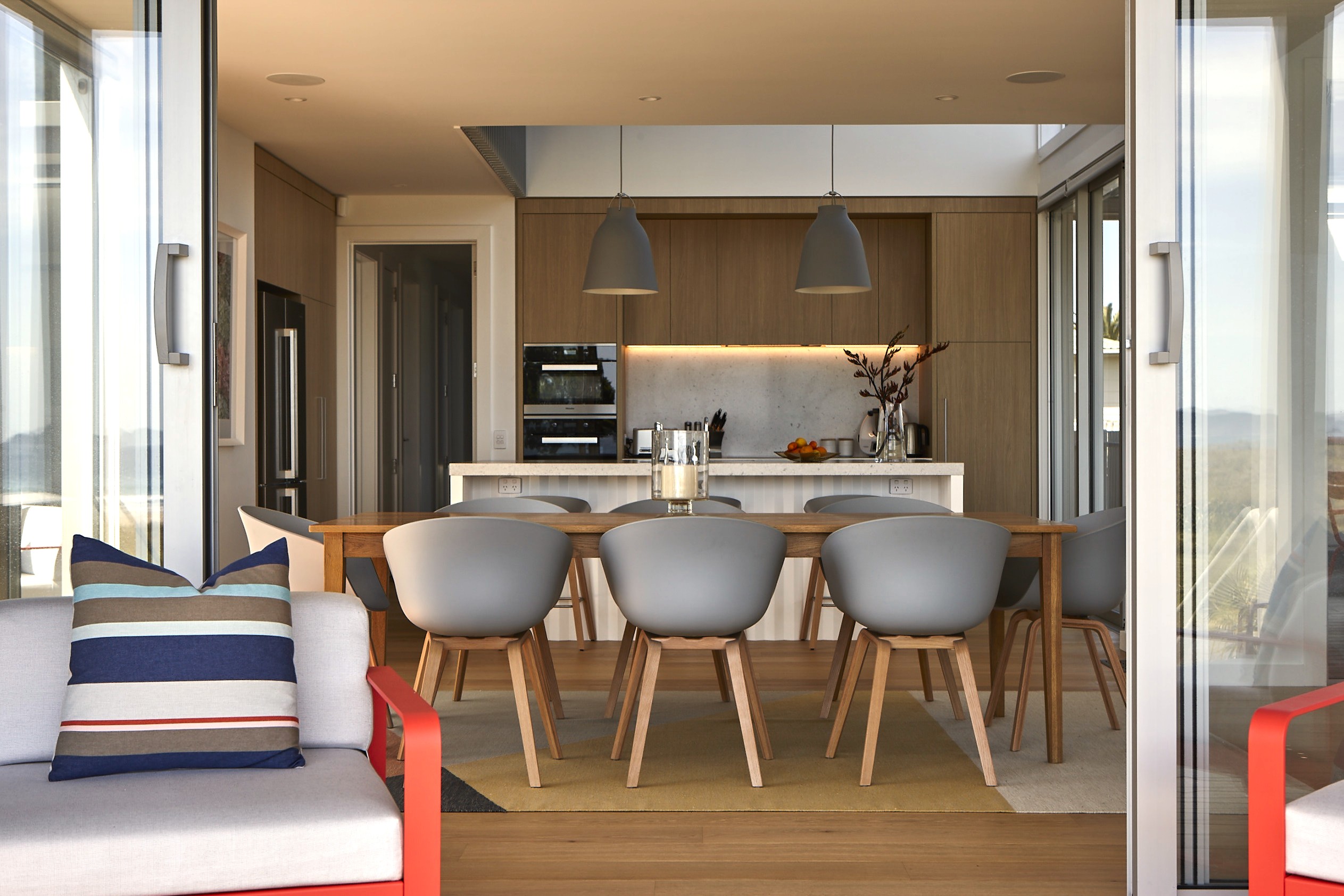 Terrace and kitchen connection, beachfront home, Coromandel