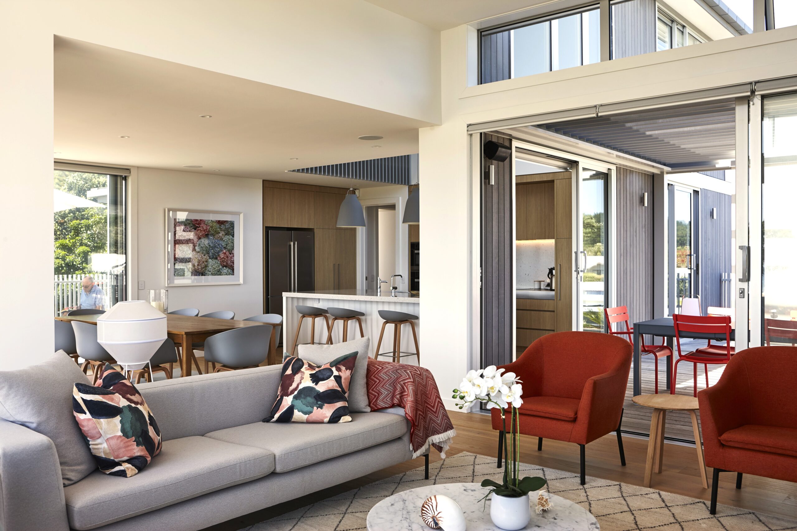 Living to dining to kitchen flow, five-bedroom holiday home, Coromandel