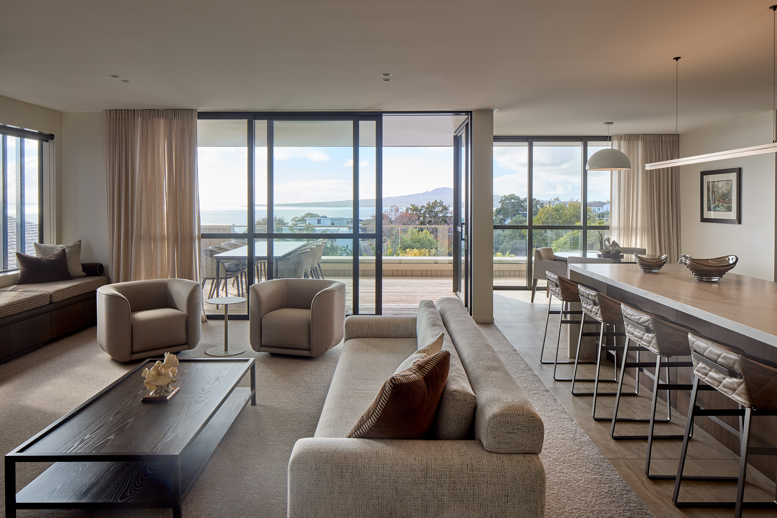 Rangitoto and Mission Bay harbour views from balcony, new build Auckland