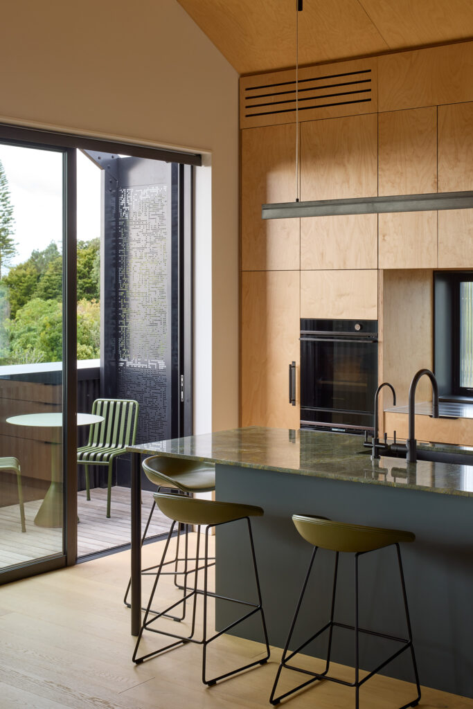 Rogan Nash Architects interior design of kitchen and view to deck