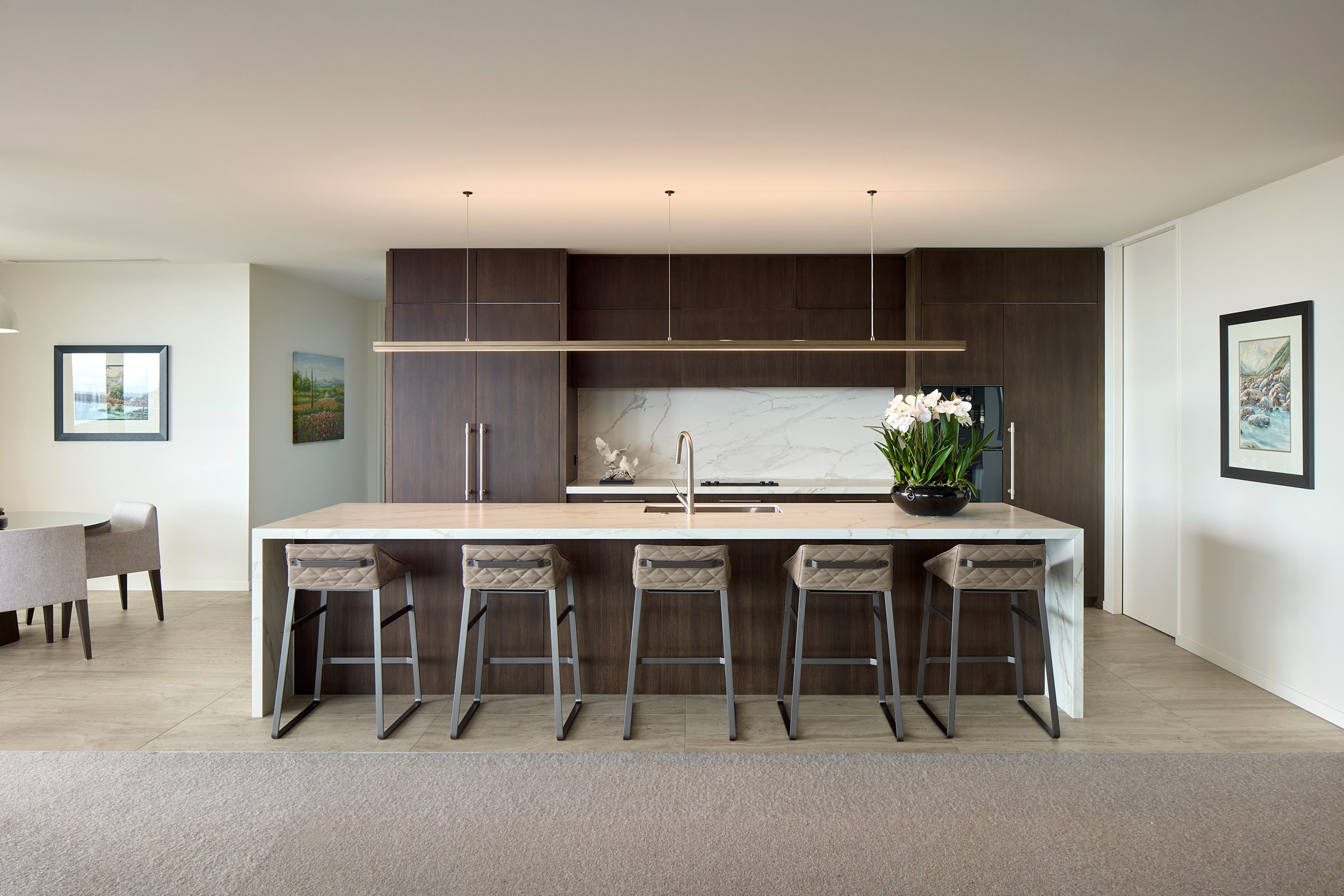 Dark oak kitchen cabinetry with scullery, Mission Bay new build