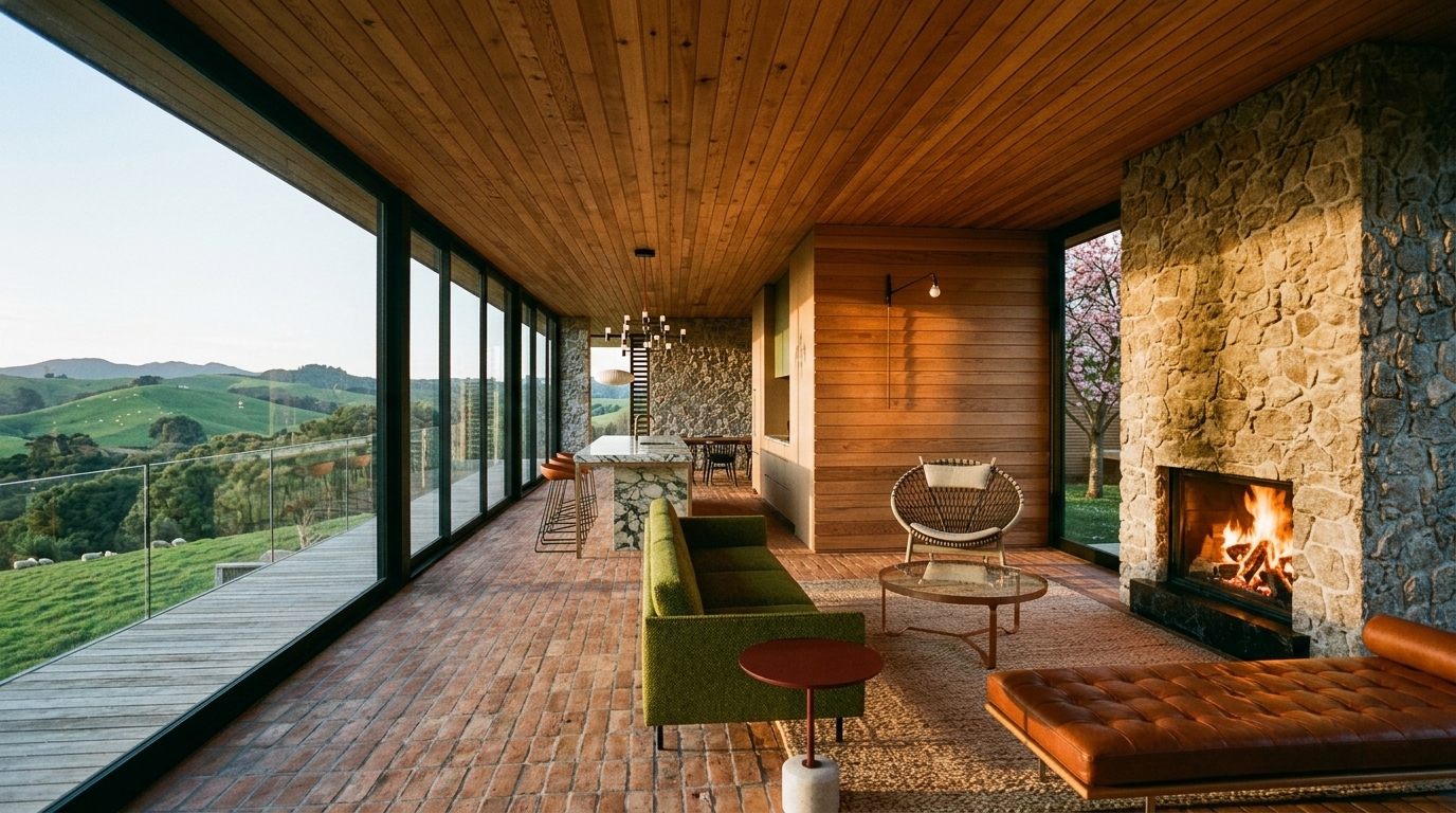 Matakana interior fireplace and living room